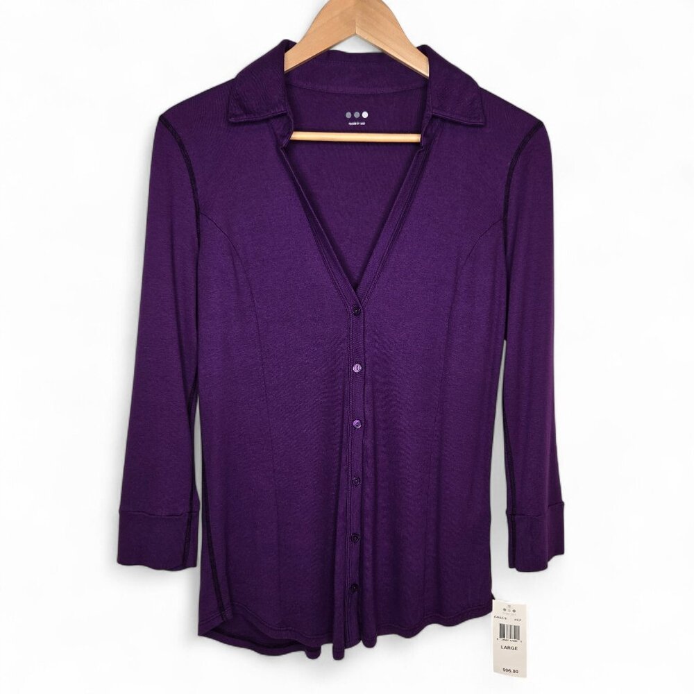 NWT Three Dots Light Cardigan Top Women's Purple Plunge Collar Button Up L